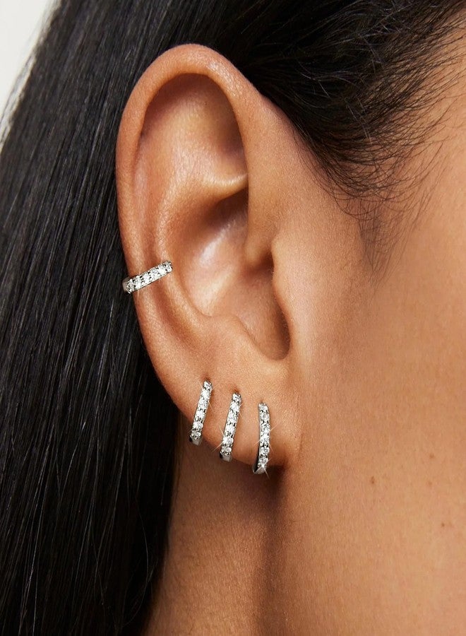 Gokeey 4 Pairs Sterling Silver Small Hoop Earrings Set Tiny Lightweight Cubic Zirconia Cuff Huggie Earrings Mini Hoops Cartilage Silver Piercing Jewelry for Women - Image 2